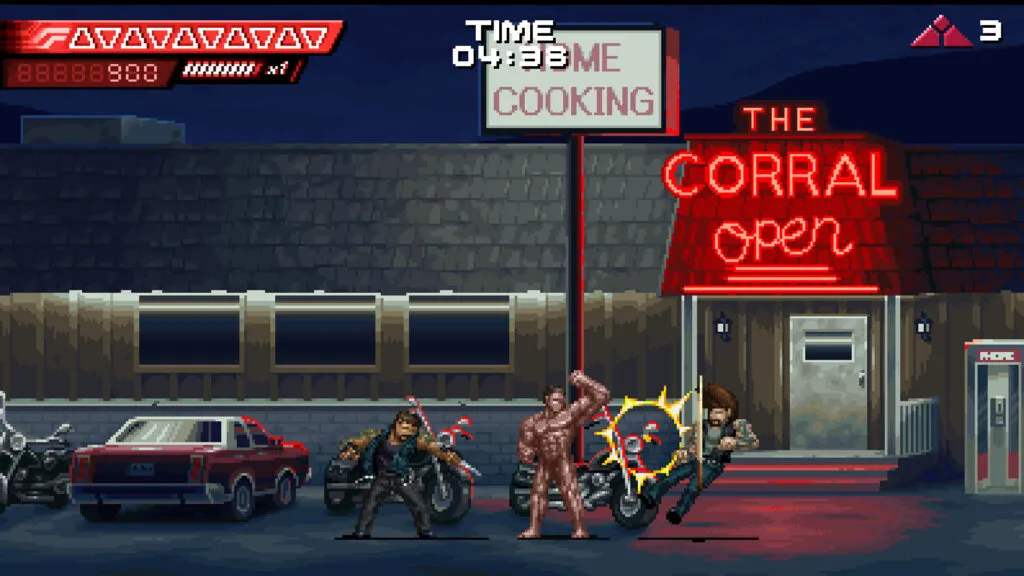 Пиксельный кадр Terminator 2D: No Fate: бар The Corral ночью, мотоциклы у входа и драка