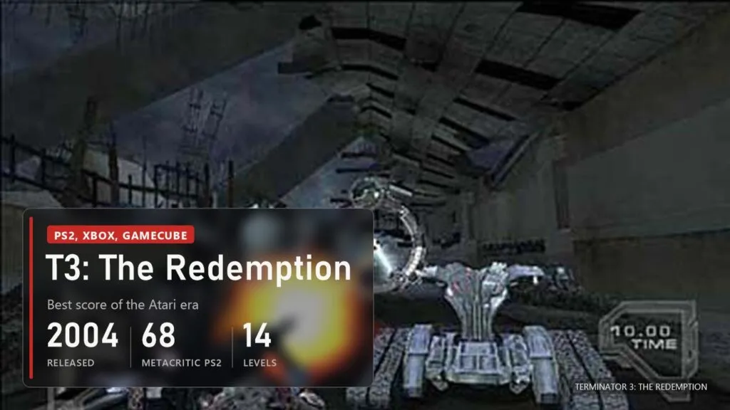 The T-850 firing at a machine tank on a ruined street, T3: The Redemption, overlay with a score of 68