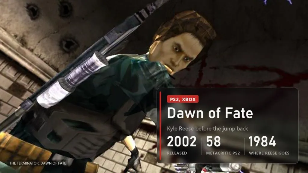 Kyle Reese with a rifle in a ruined corridor, Dawn of Fate, overlay with a Metacritic score of 58