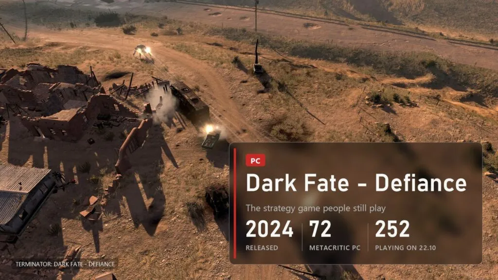 An armoured column fighting in the desert seen from above, Terminator: Dark Fate - Defiance, overlay with a score of 72