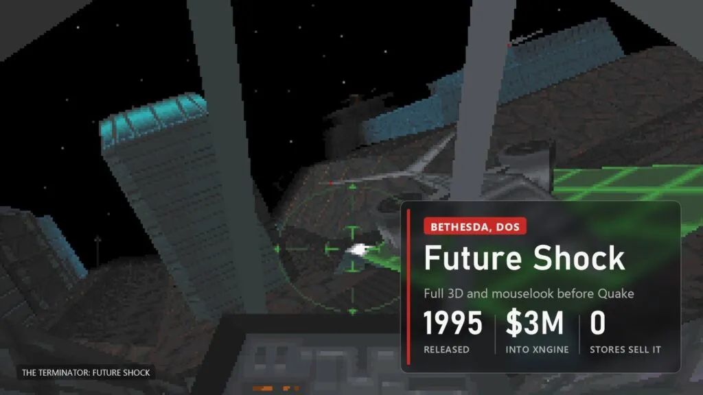 Future Shock: flying over a ruined night city from a vehicle cockpit, overlay with the year 1995 and 3 million dollars spent on the engine