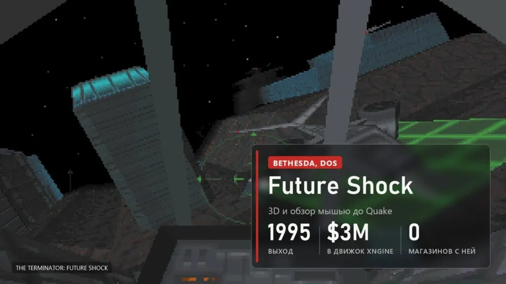 Кадр Future Shock: полёт над ночным городом-руиной из кабины машины, плашка с годом 1995 и суммой 3 млн долларов в движок