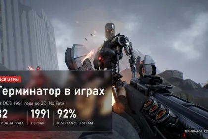 Эндоскелет T-800 и боец Сопротивления в руинах, кадр Terminator: Resistance, обложка статьи о всех 32 играх про Терминатора