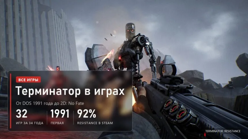 Эндоскелет T-800 и боец Сопротивления в руинах, кадр Terminator: Resistance, обложка статьи о всех 32 играх про Терминатора