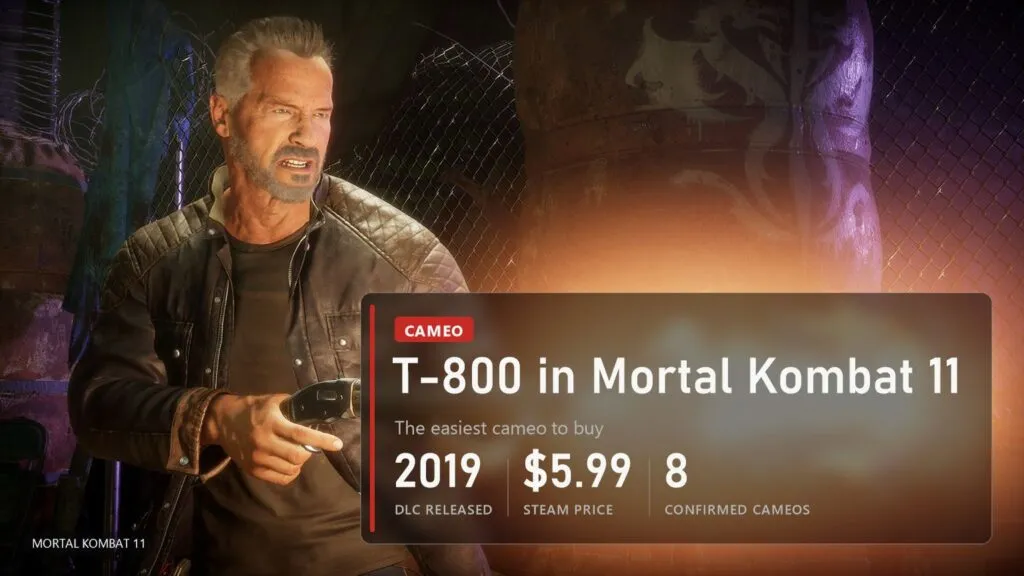The T-800 in a leather jacket firing a shotgun, Mortal Kombat 11, overlay with a 5.99 dollar price
