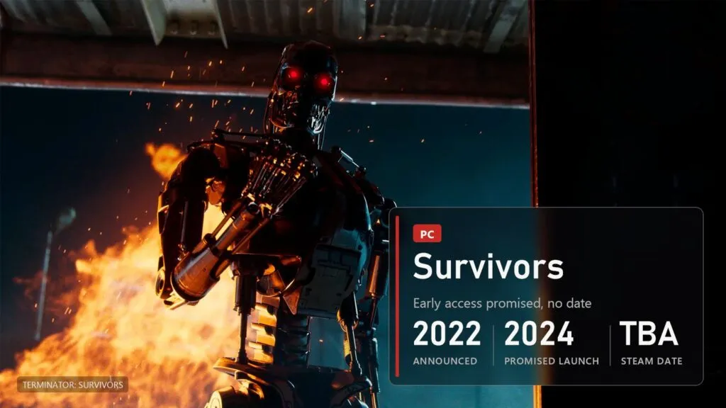 A red-eyed T-800 endoskeleton in flames, Terminator: Survivors, overlay showing TBA as the Steam date