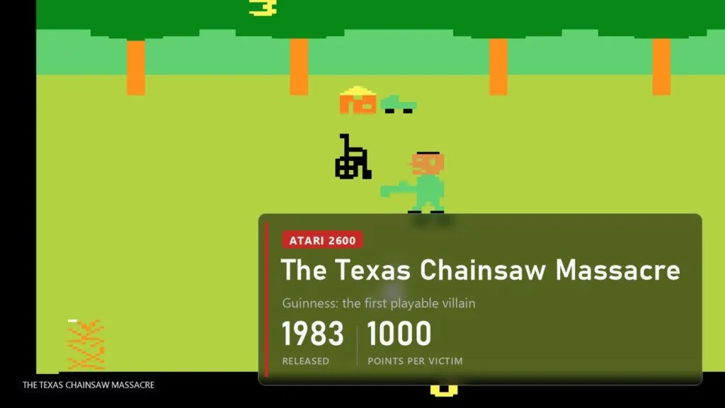 Green Atari 2600 field with trees, Leatherface with a chainsaw, a wheelchair next to him and a small house with a car in the distance