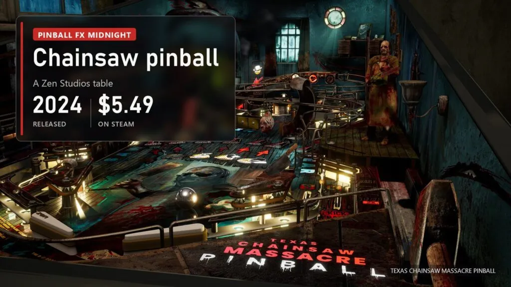 Dark pinball table shaped like the Family house, a giant chainsaw over the playfield, a Leatherface figure in the corner and Chainsaw Massacre Pinball lettering at the bottom