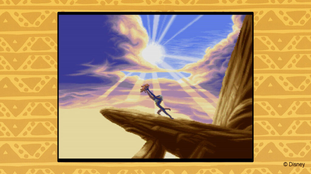 Simba op de rand van de Rots der Koningen tegen een ochtendhemel, uit de Lion King-game van 1994 in de Disney Classic Games-collectie