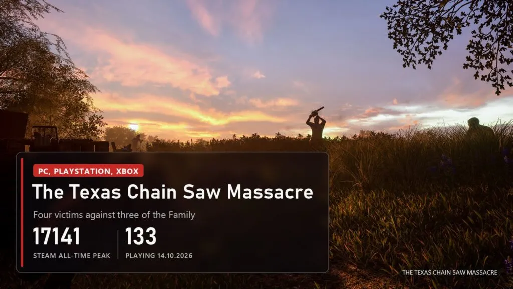 Sunset over a Texas field, Leatherface's silhouette with a raised chainsaw in the distance, a victim hiding in the grass