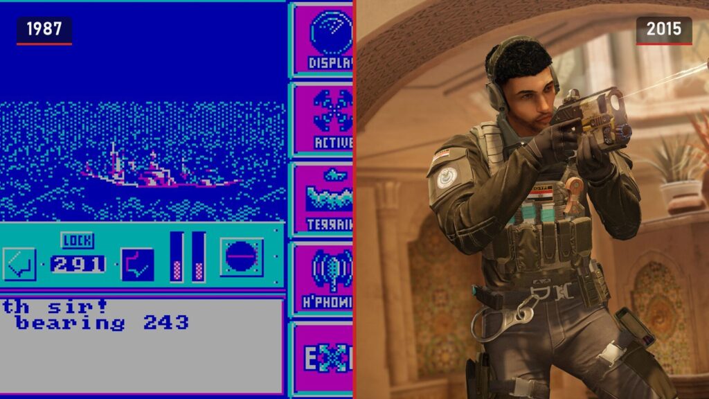 Links een periscoopbeeld van een pixelig oorlogsschip in CGA-kleuren uit The Hunt for Red October (1987), rechts een operator met een pistool in een zaal met bogen uit Rainbow Six Siege