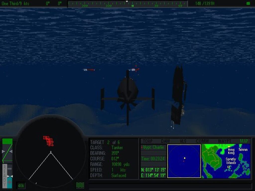 Een duikboot boven een donkerblauwe zeebodem, onderin een radar, een kaart van de Zuid-Chinese Zee en een tabel met doelen