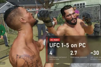 Two fighters trading punches in a backyard fight in EA Sports UFC 4 with a plate about the UFC 1-5 PC port