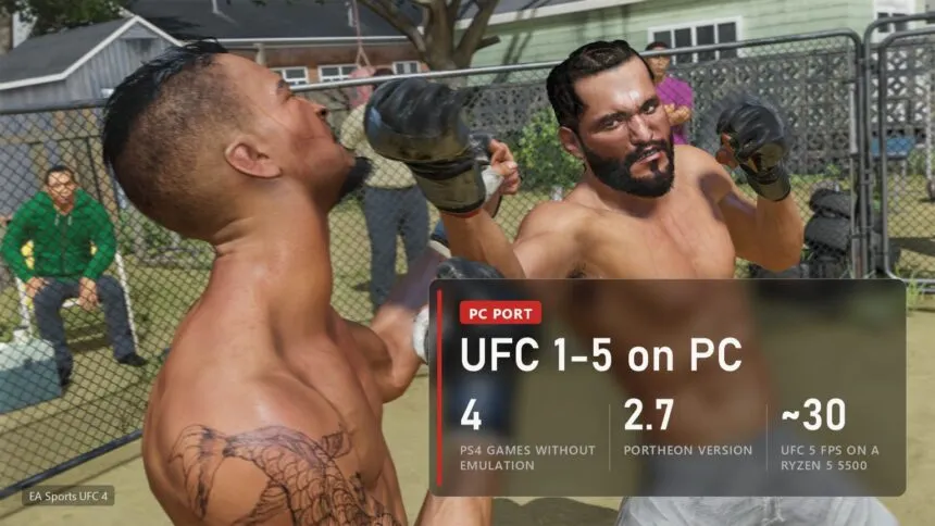 Two fighters trading punches in a backyard fight in EA Sports UFC 4 with a plate about the UFC 1-5 PC port