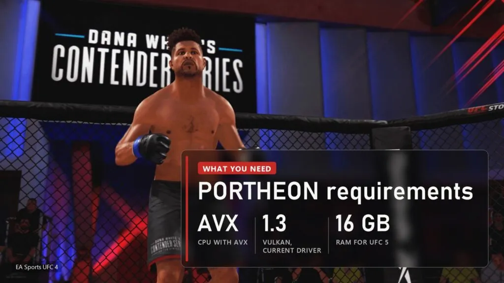A fighter in the octagon at Dana White's Contender Series in EA Sports UFC 4, with a plate of PORTHEON requirements