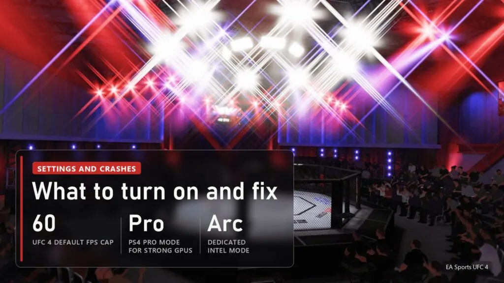 A lit UFC arena with the octagon and crowd in EA Sports UFC 4, with a plate of recommended PORTHEON settings