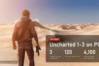 Nathan Drake in the desert in Uncharted 3 with a plate about the unofficial PC port of the collection