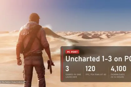Nathan Drake in the desert in Uncharted 3 with a plate about the unofficial PC port of the collection