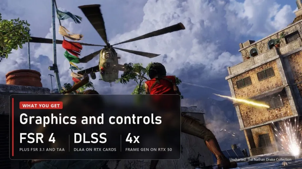 Nathan Drake in a rooftop gunfight under a helicopter in Nepal in Uncharted 2, with a plate of the PC port's graphics options