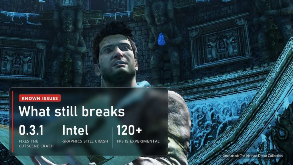 Nathan Drake holding a book in an ancient temple, with a plate of the PC port's known issues