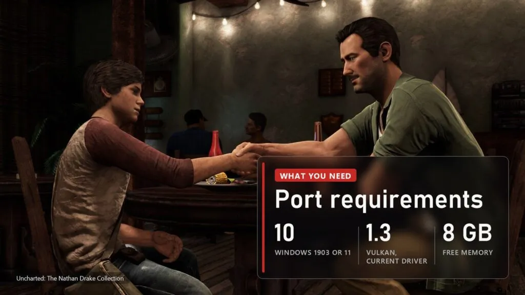 Young Nathan Drake shaking hands with Sully in a bar in Uncharted 3, with a plate of the PC port's requirements