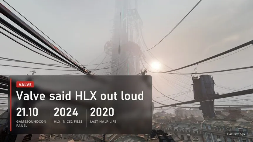 Foggy City 17 with power lines in Half-Life: Alyx with a plate: Valve said HLX out loud