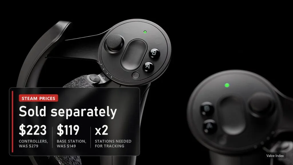 Valve Index controllers on a black background with a plate of the new controller and base station prices