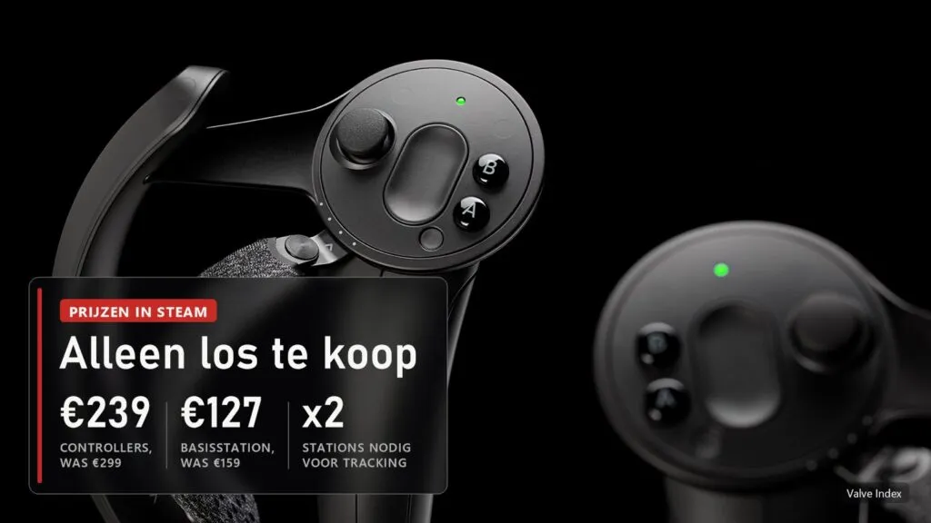 Valve Index-controllers op een zwarte achtergrond met de nieuwe prijzen van controllers en basisstations
