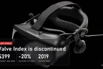 Valve Index headset on a black background with a plate about its discontinuation and new price