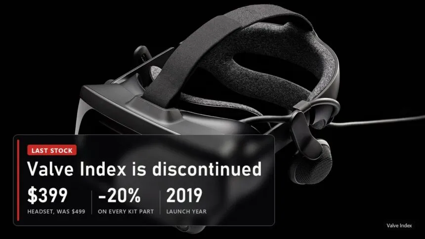Valve Index headset on a black background with a plate about its discontinuation and new price