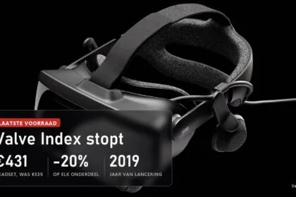 Valve Index-headset op een zwarte achtergrond met de melding over het einde van de productie en de nieuwe prijs