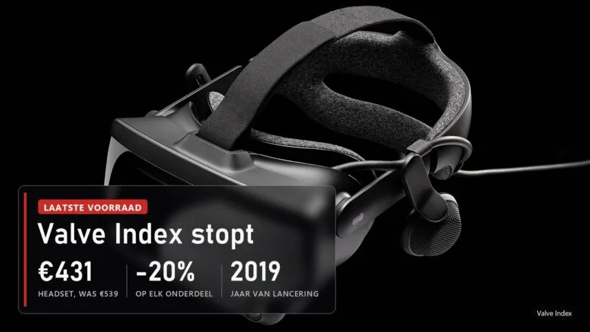 Valve Index-headset op een zwarte achtergrond met de melding over het einde van de productie en de nieuwe prijs