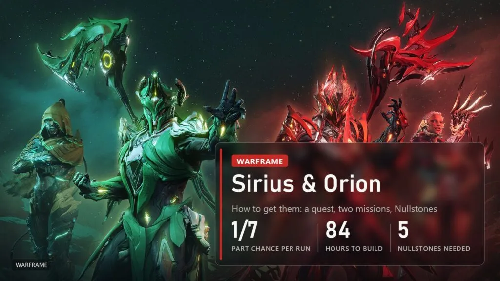 The green and red halves of Sirius & Orion stand back to back holding scythes