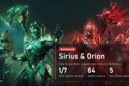 Cover: the green and red halves of Sirius & Orion with scythes, how to get them in Warframe