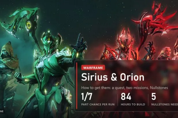 Cover: the green and red halves of Sirius & Orion with scythes, how to get them in Warframe