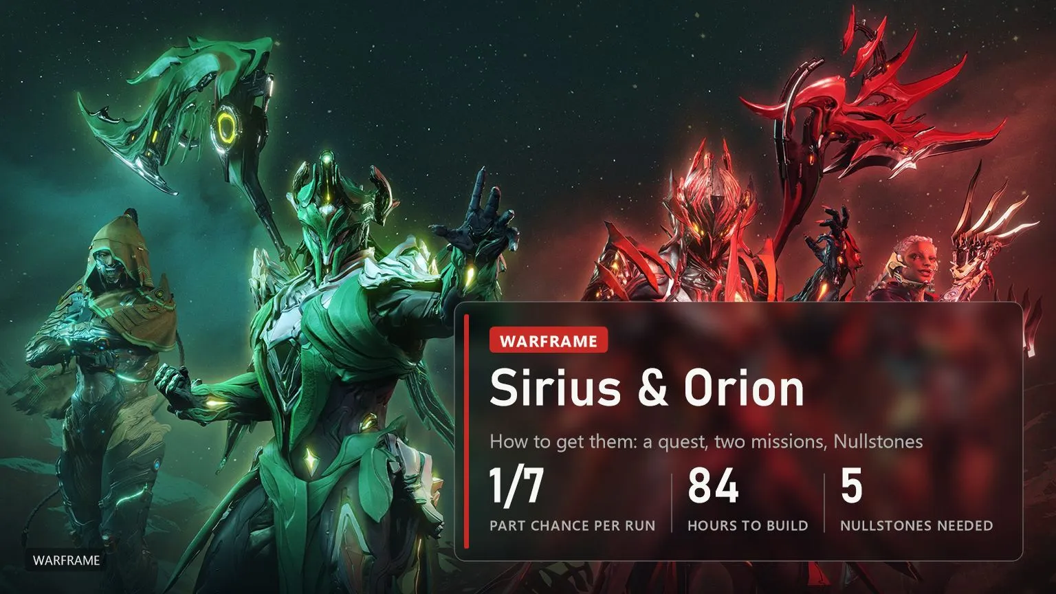 Cover: the green and red halves of Sirius & Orion with scythes, how to get them in Warframe