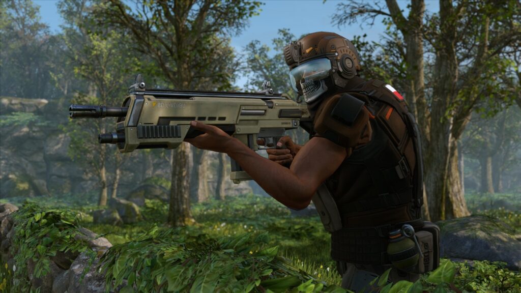 A resistance soldier with a rifle in the jungle, from XCOM 2