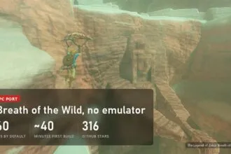 Link paragliding over a canyon in The Legend of Zelda: Breath of the Wild with a plate about the native PC port