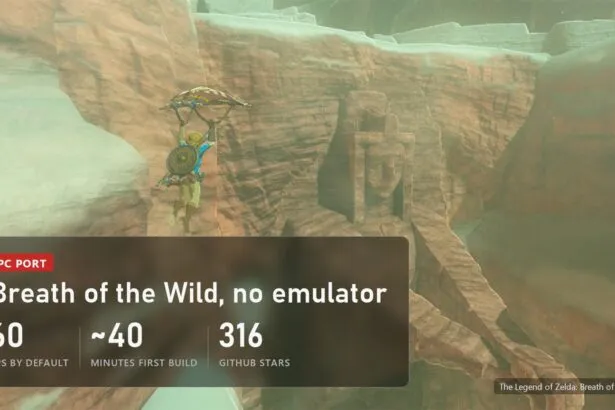 Link paragliding over a canyon in The Legend of Zelda: Breath of the Wild with a plate about the native PC port