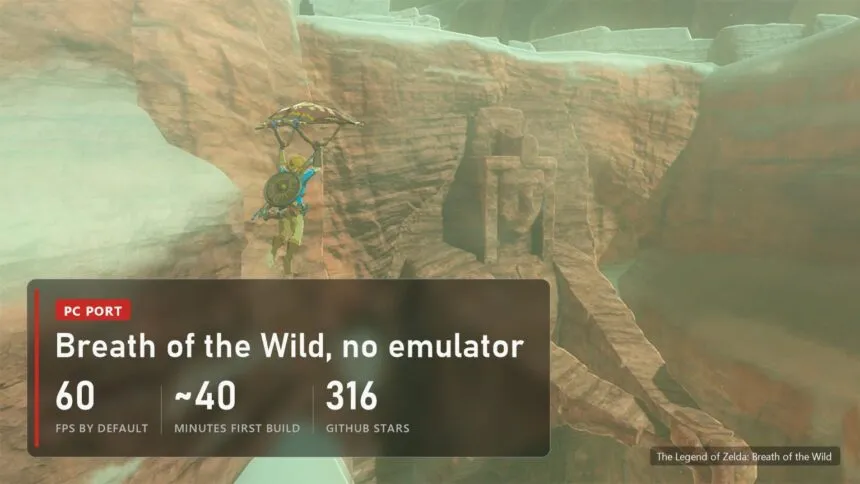 Link paragliding over a canyon in The Legend of Zelda: Breath of the Wild with a plate about the native PC port